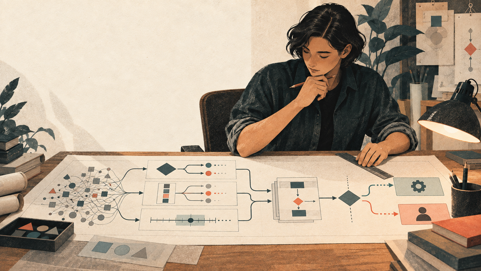 A systems architect maps messy state through bounded decisions to automated action or human review.